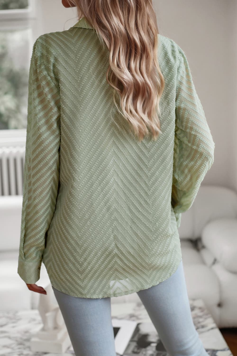 Light Green Textured Chevron Button-Down Blouse with sheer sleeves