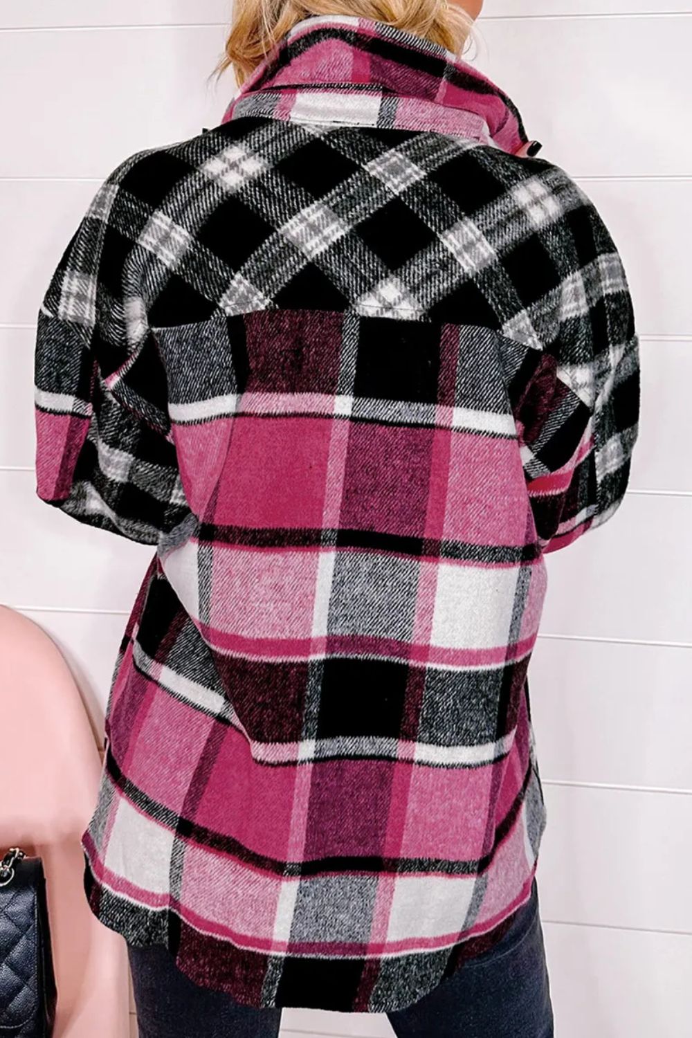 Colorblock plaid oversized shacket with a collared neckline and button front.