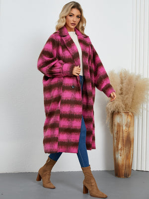 Checked plaid oversized cocoon coat in hot pink and brown with a relaxed fit and wide lapels.