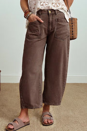 Solid Color Square Patch Pocket Barrel Jeans, fabric detail