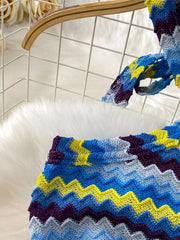 Chevron knit halter crop top and maxi skirt set in blue, yellow, and purple.