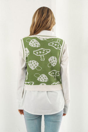Matcha green acrylic knit vest with white mushroom motif and cream trim