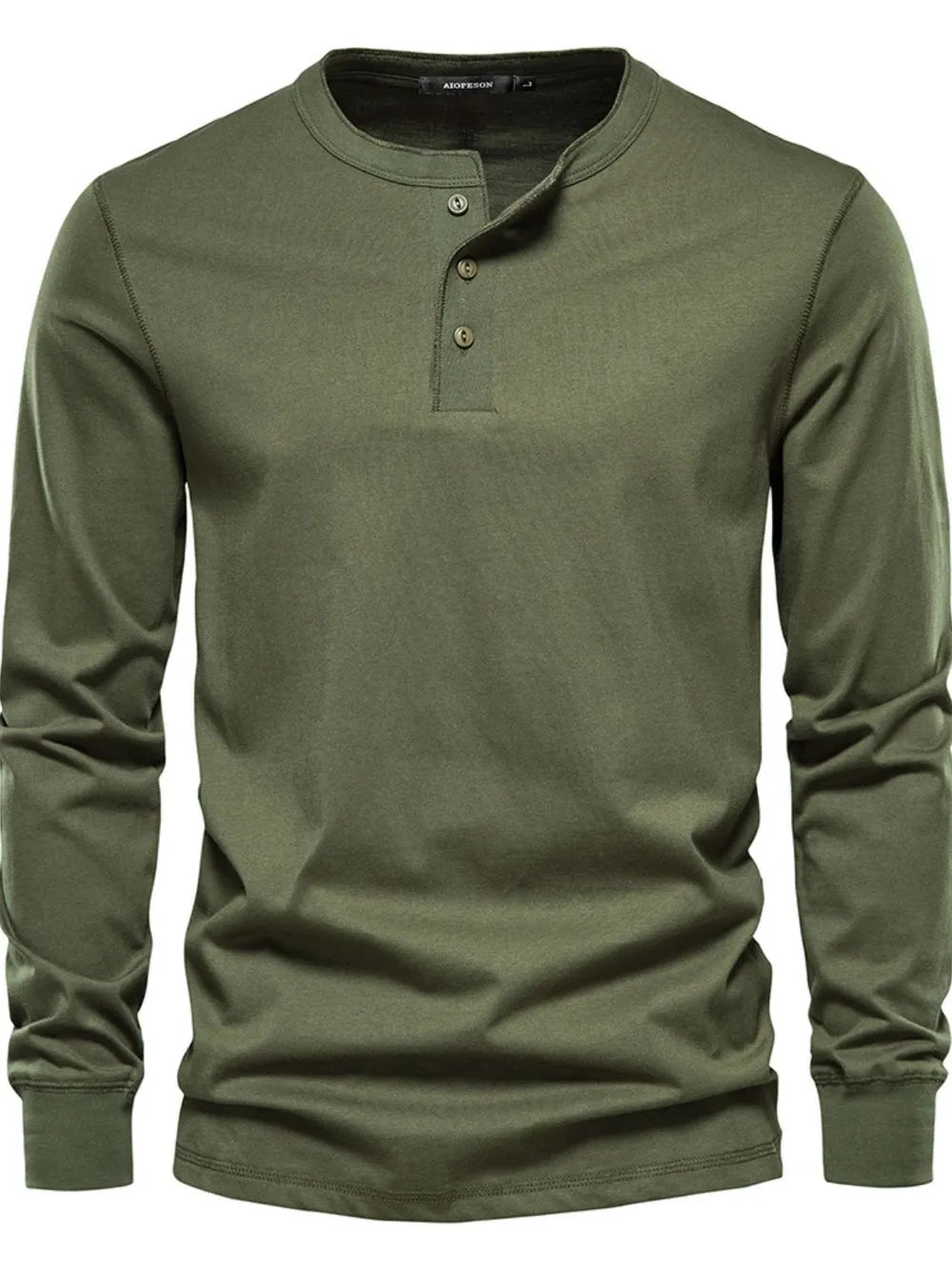 Henley knit long sleeve tee in Matcha Green with button placket and crew neck.