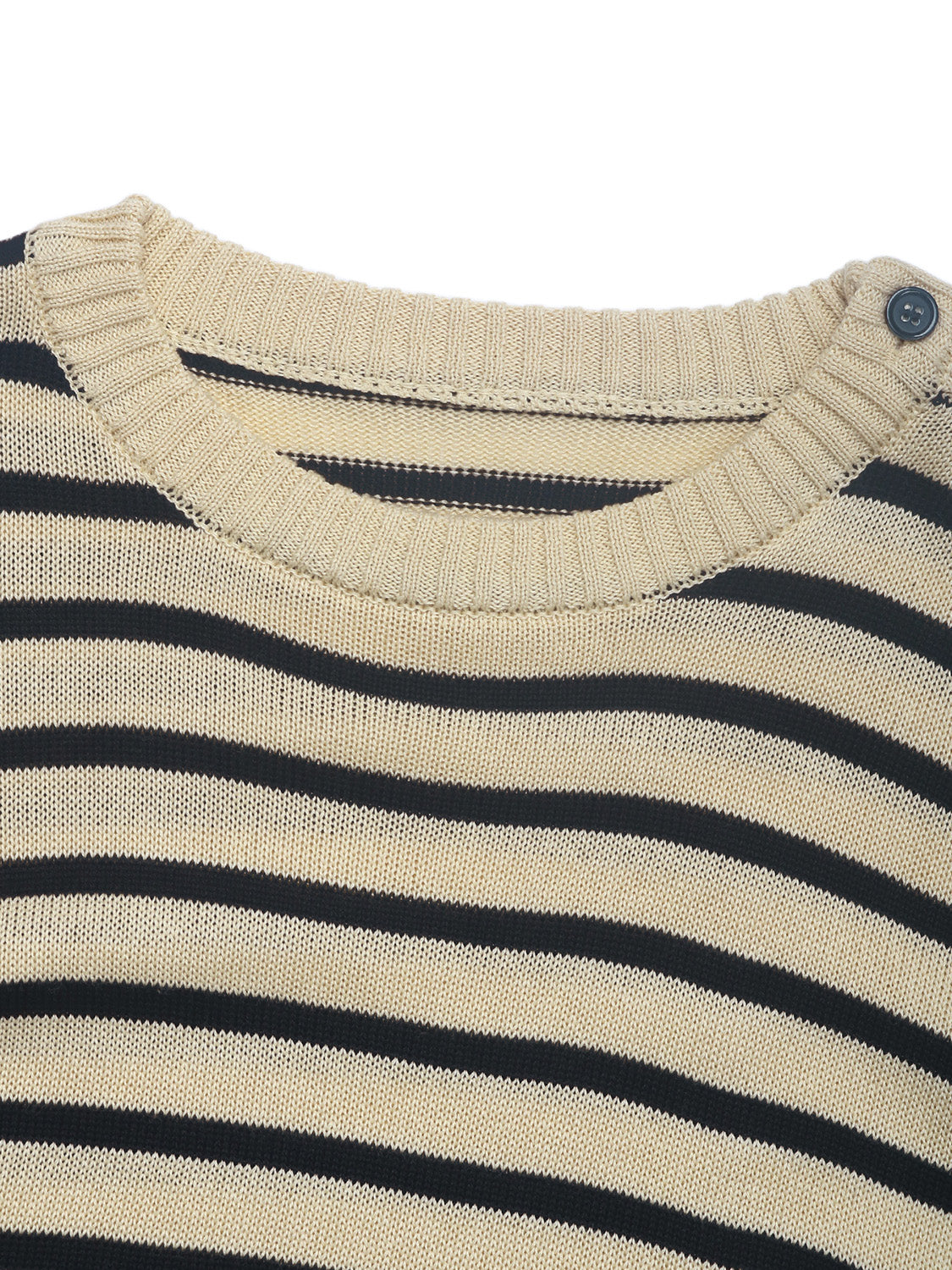 Nautical stripe sweater in pastel yellow with button shoulder detail.