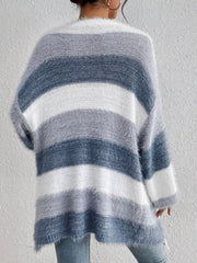 Textured stripe open front cardigan in acrylic with fuzzy texture and blue, grey, and white stripes.