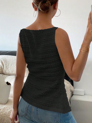 Black wavy textured button-front tank top with a square neckline.