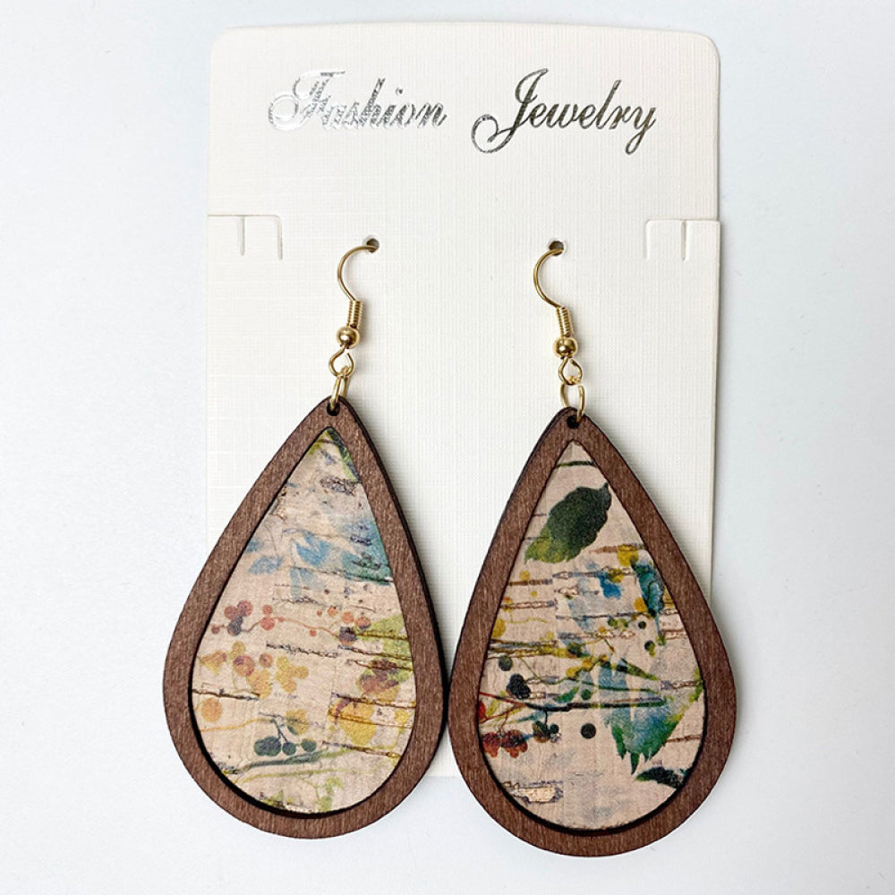 Teardrop cork earrings with botanical print and wooden frame