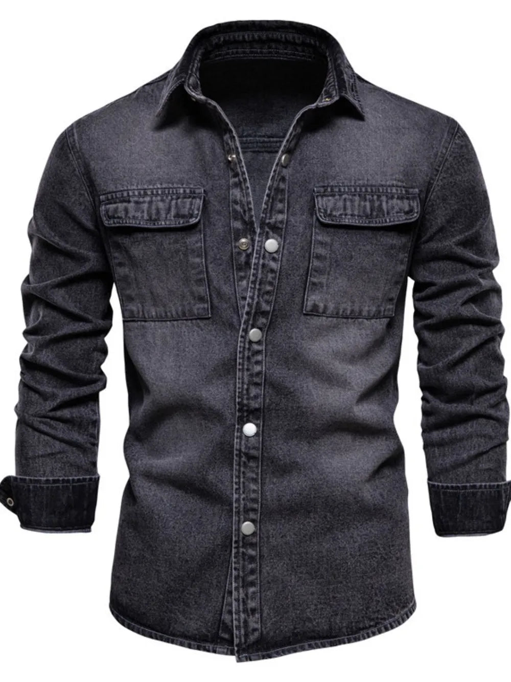 Faded denim utility shirt jacket in dark with buttoned chest pockets and cuffs.