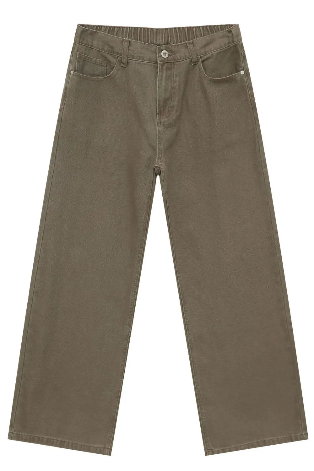 Wide-leg denim pants in olive brown with elasticated waistband and 100% cotton fabric.