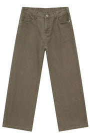 Wide-leg denim pants in olive brown with elasticated waistband and 100% cotton fabric.