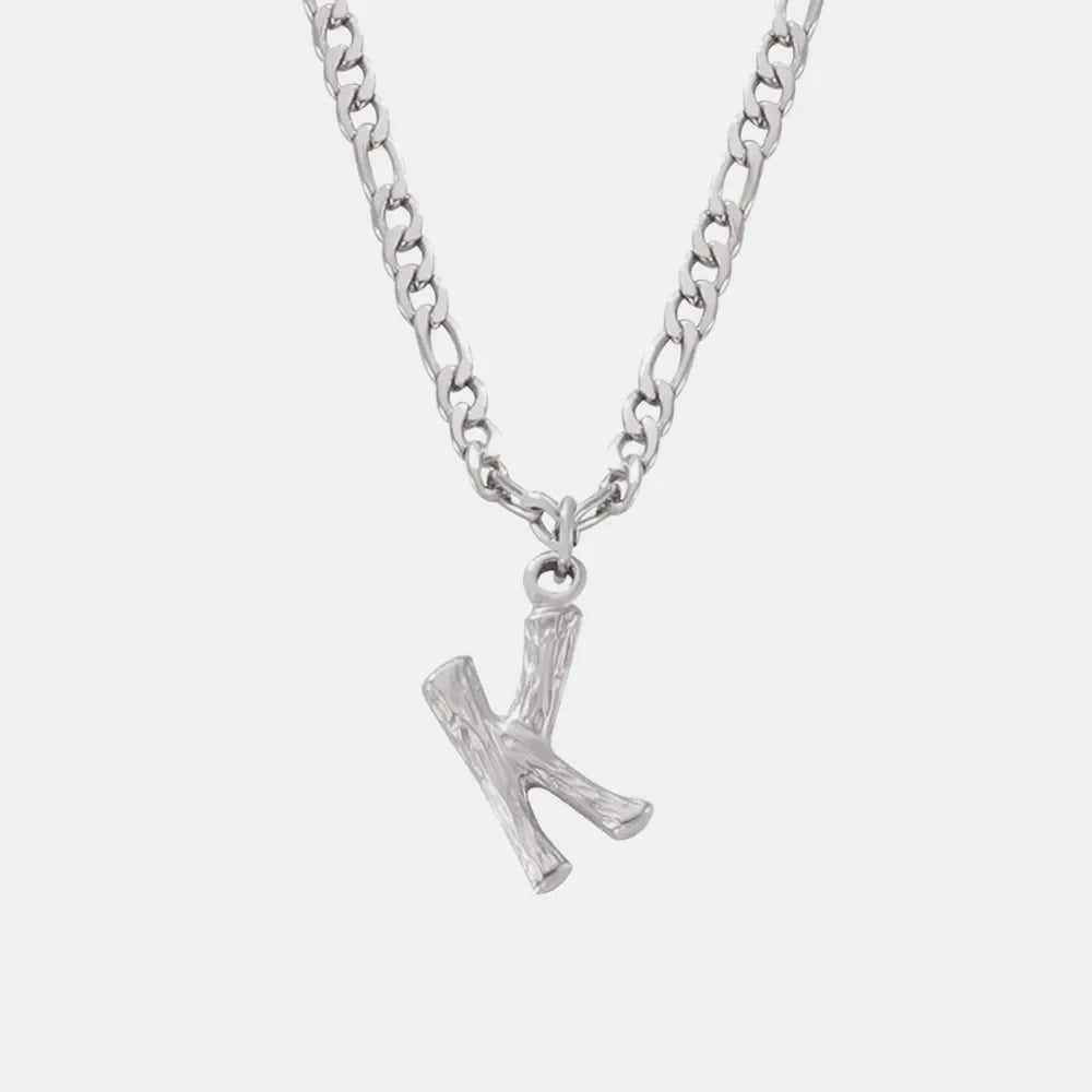 Textured initial K pendant necklace with stainless steel curb chain