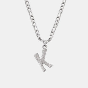 Textured initial K pendant necklace with stainless steel curb chain