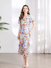 Embroidered Floral Puff Sleeve Midi Dress