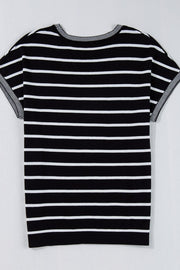 Black and white striped boxy tee with contrast trim on neckline and sleeves.