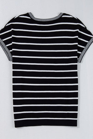 Black and white striped boxy tee with contrast trim on neckline and sleeves.