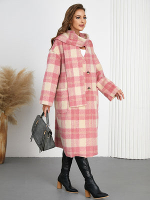 Pink and cream plaid cocoon coat with matching scarf, button front, and pockets.