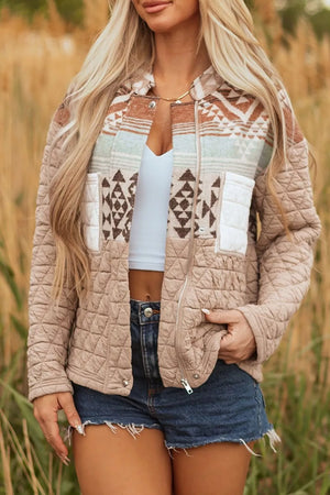 Aztec Quilted Patchwork Western Jacket in Camel, front view