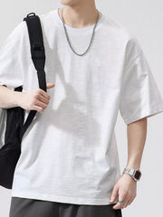 Men's white relaxed fit cotton t-shirt with crew neck and short sleeves.
