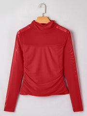 Deep red sheer mesh patchwork high neck long sleeve maternity blouse with ruched sides.
