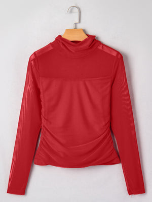 Deep red sheer mesh patchwork high neck long sleeve maternity blouse with ruched sides.