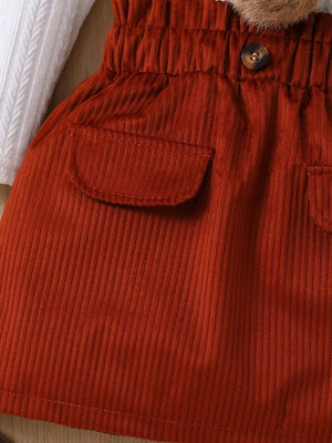 Children's Ribbed Knit Top And Skirt Set in White, close-up detail