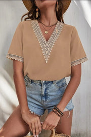 Lace Vibe V-neck blouse in brown, khaki, black, or light green.