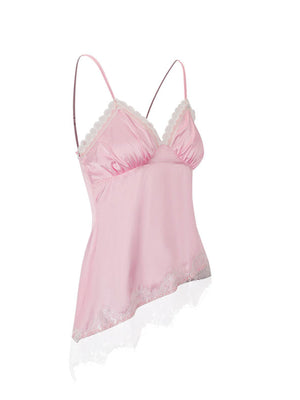 Pink satin camisole with asymmetrical lace trim and V-neck.