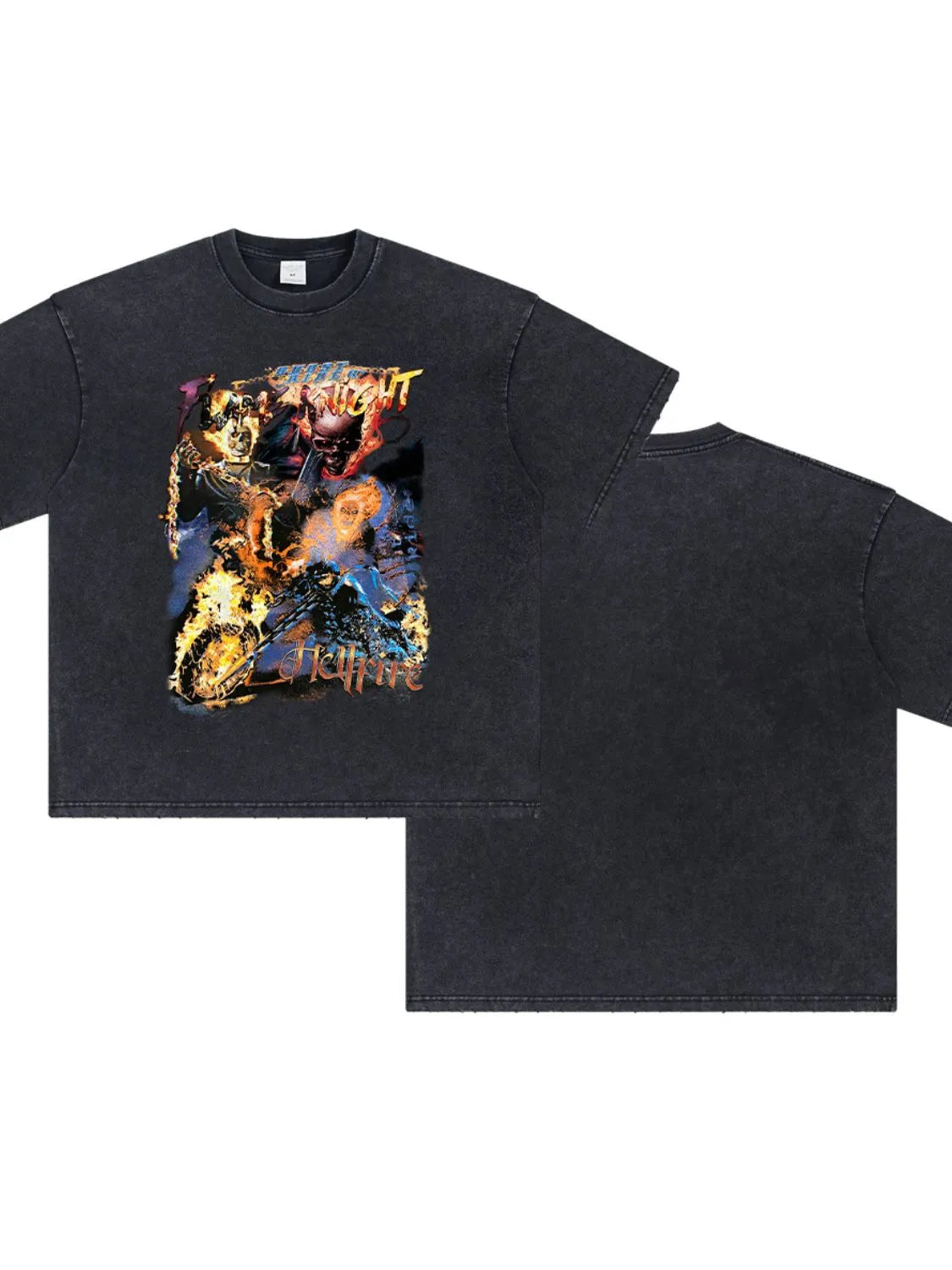 Black vintage graphic tee with oversized fit and fiery skull print