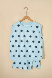 Pastel blue polka dot sleeveless crew neck top with matching skort.