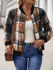 Plaid bomber jacket in caramel and black with ribbed cuffs and collar.
