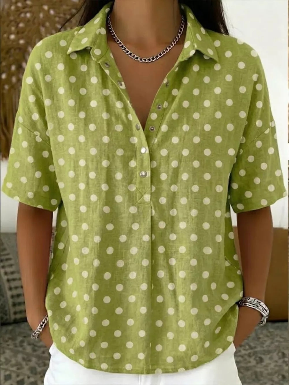 Full Size Polka Dot Short Sleeve Shirt Plus Size, editorial view