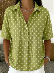 Full Size Polka Dot Short Sleeve Shirt Plus Size, editorial view