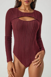 Deep Red ribbed keyhole bodysuit with long sleeves and a scoop neckline.