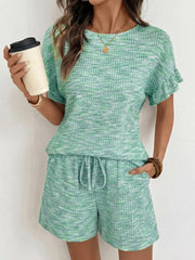 Green ruffled sleeve two-piece set with drawstring shorts