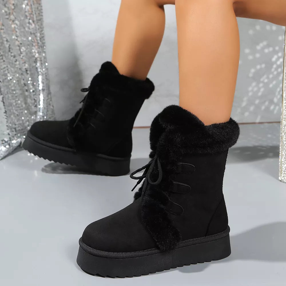 Black suede lace-up platform ankle boots with faux fur trim
