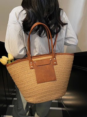 Straw Woven Shoulder Bag With Leather Accents in Khaki, alternate angle
