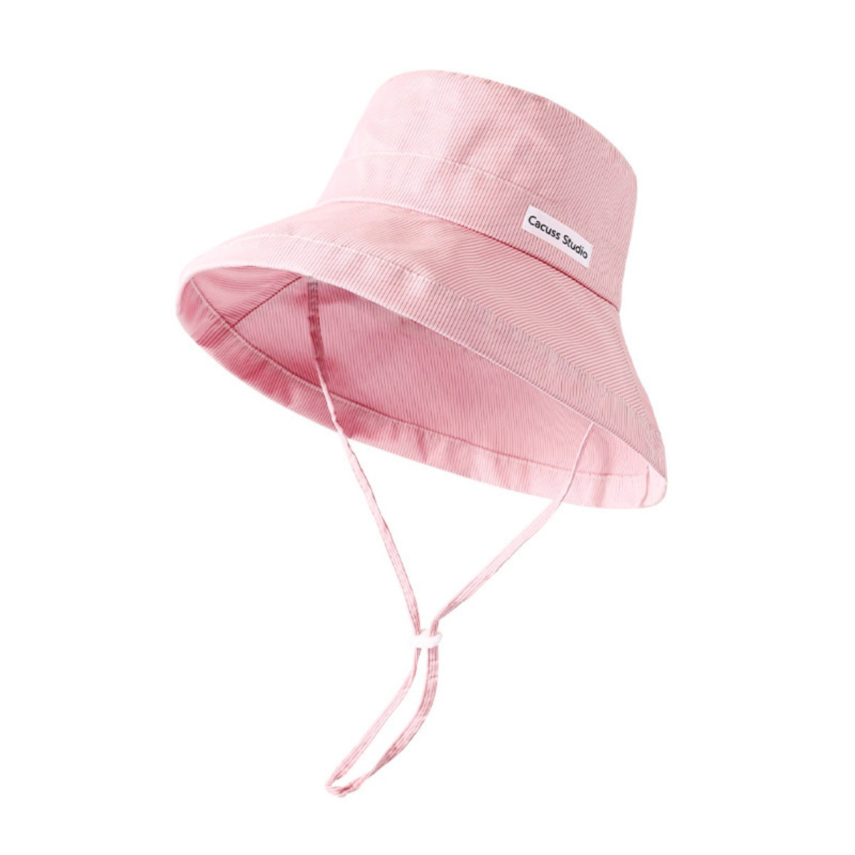Pink corduroy bucket hat with wide brim and chin strap