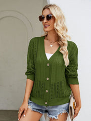 Army green ribbed trim cardigan with button front and open knit detail.