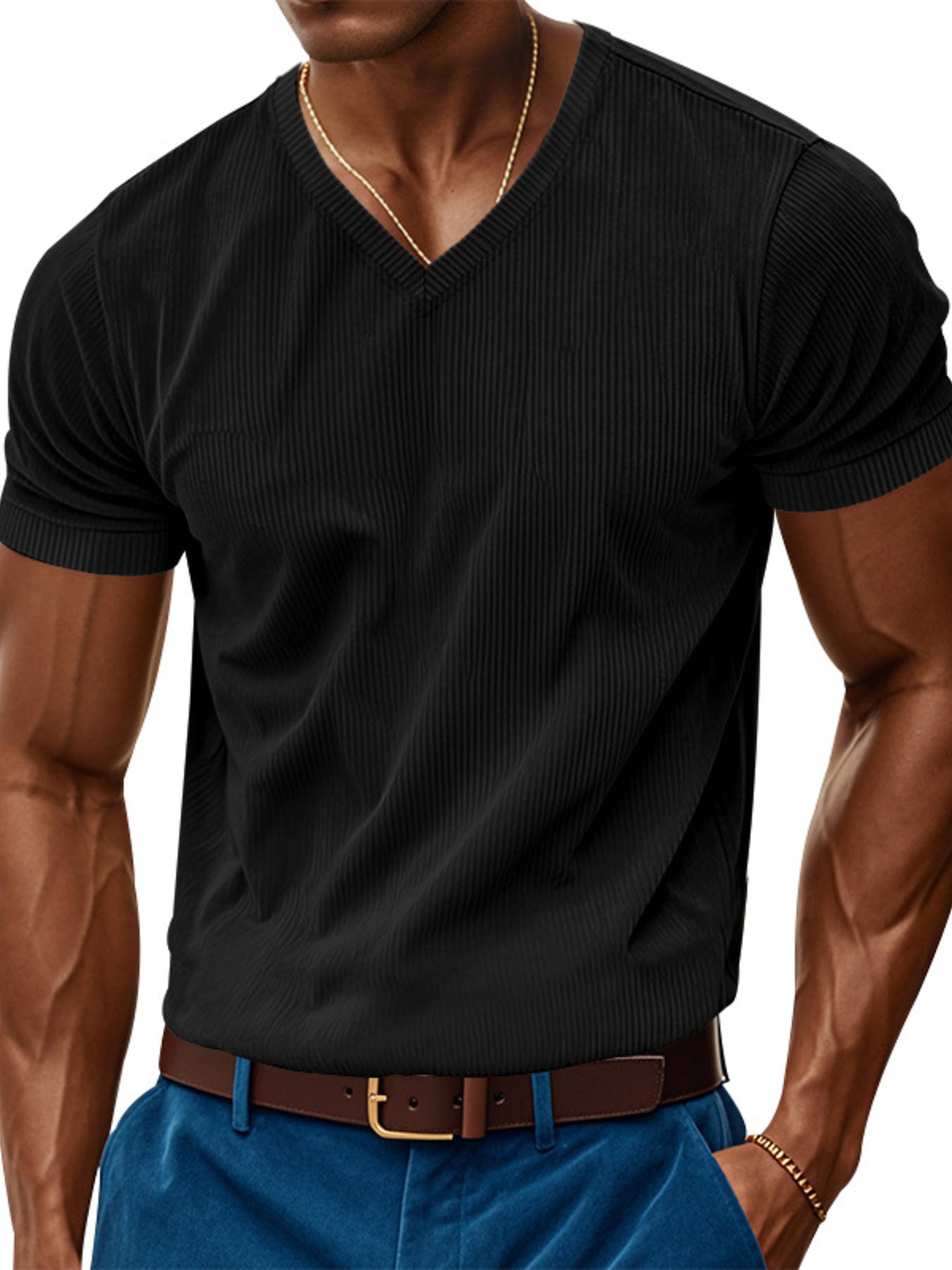 Black ribbed V-neck t-shirt with short sleeves and a comfortable fit.