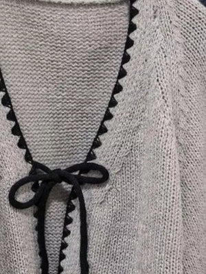 Chic Tie-front Contrast-trim Cardigan Plus Size in Gray, model styling view