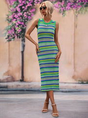 Striped knit sleeveless midi dress in green and blue acrylic with a crew neck.