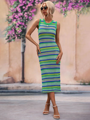 Striped knit sleeveless midi dress in green and blue acrylic with a crew neck.