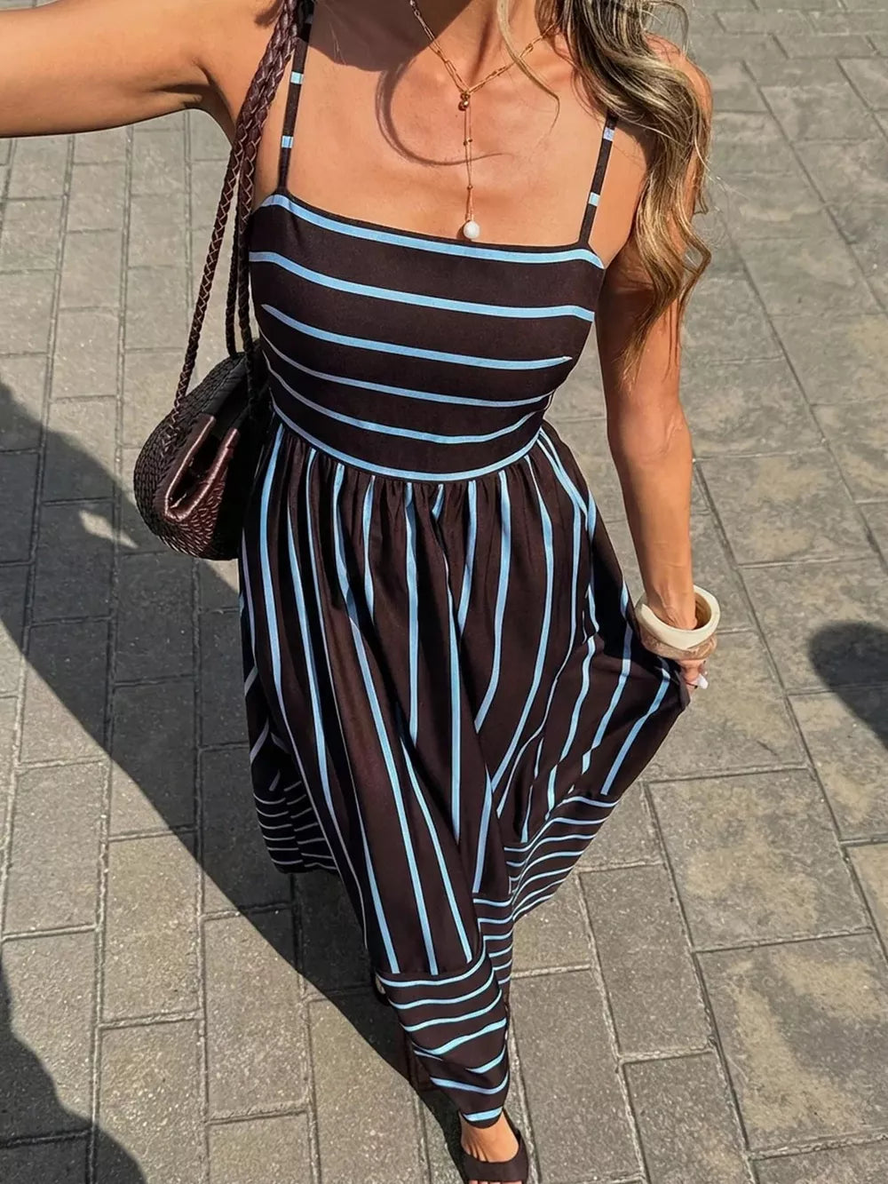 Cutout Back Striped Maxi Dress in White, fabric detail