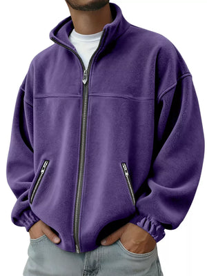 Purple fleece zip-up jacket with zippered pockets and elastic cuffs.