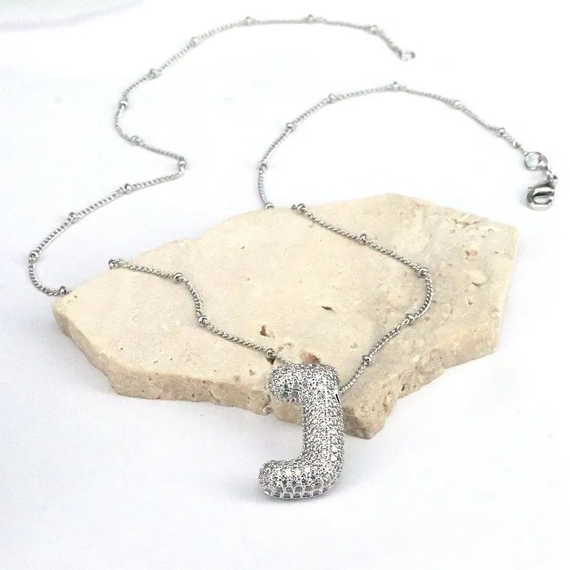 Silver pave initial bubble pendant necklace Style J with beaded chain