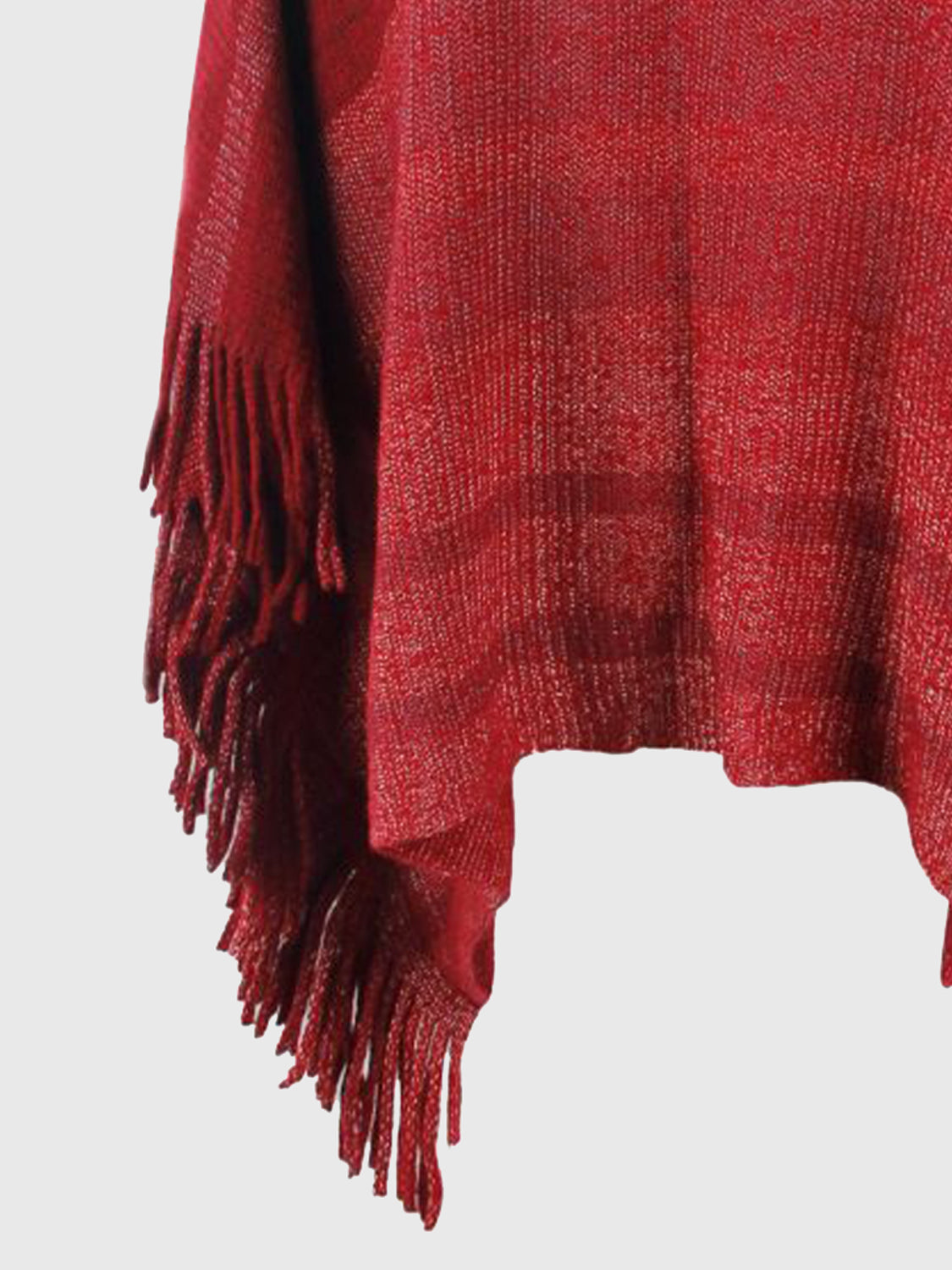 Deep Red striped fringe poncho with a textured knit and asymmetric hem.