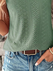 Sage eyelet lace v-neck tank top with relaxed fit and breathable fabric.