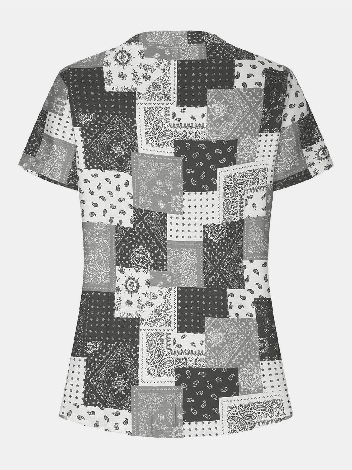 Gray bandana patchwork henley blouse with short sleeves.