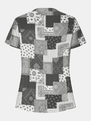 Gray bandana patchwork henley blouse with short sleeves.