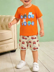 Boys' cotton underwear set with orange tractor print t-shirt and beige firetruck print shorts.